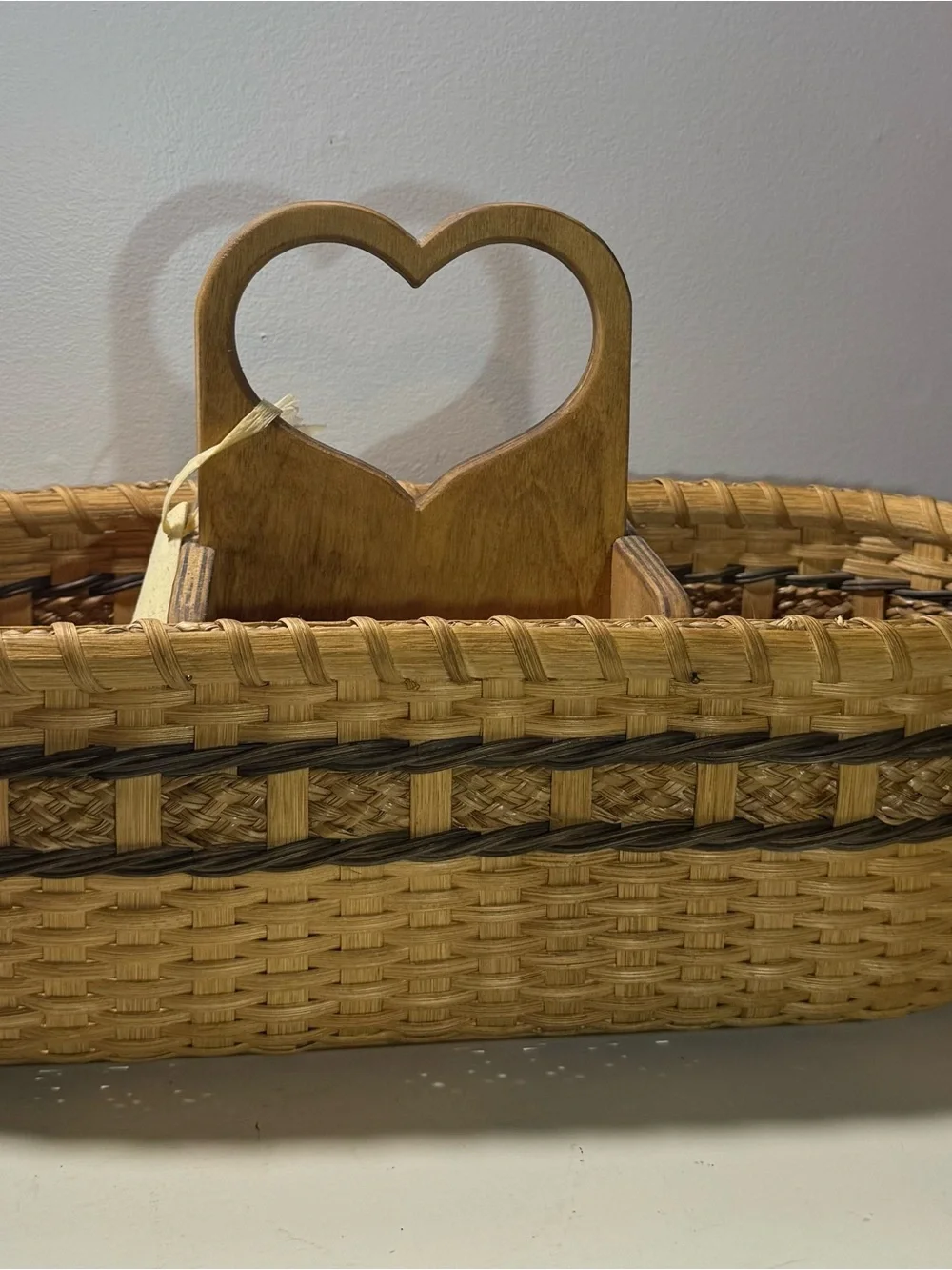 VTG Heart Handle Quilt Maker Caddy Basket w Wood Bottom -CottageCore/GrandmaCore